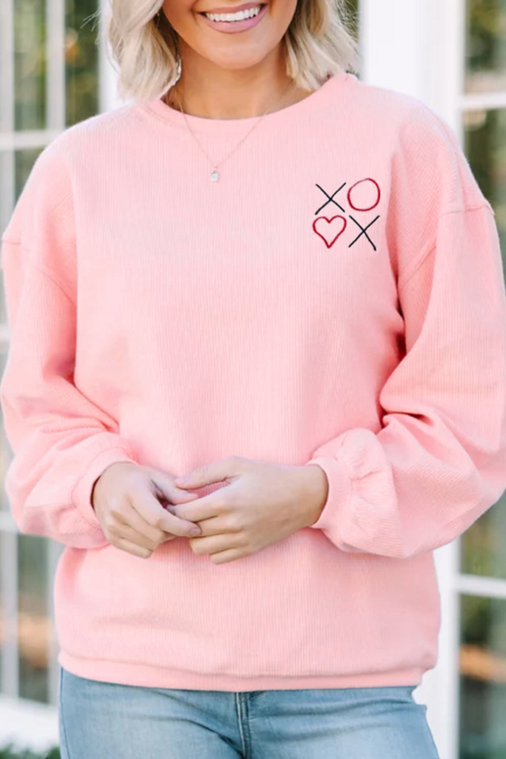Pink XOXO Heart Embroidered Ribbed Knit Valentines Sweatshirt