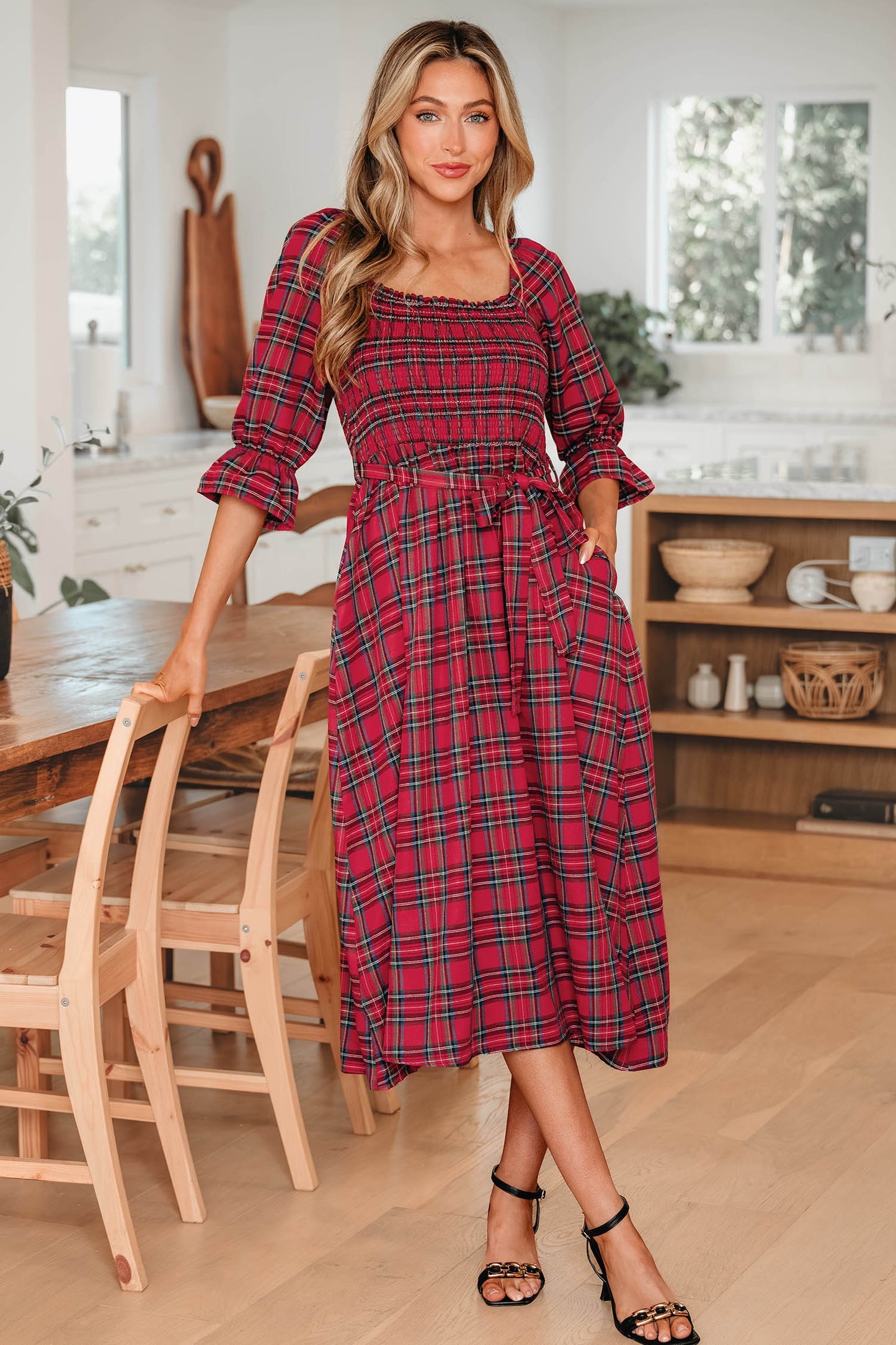Red Tartan Plaid Puff Sleeve Smocked Waist Christmas Dress