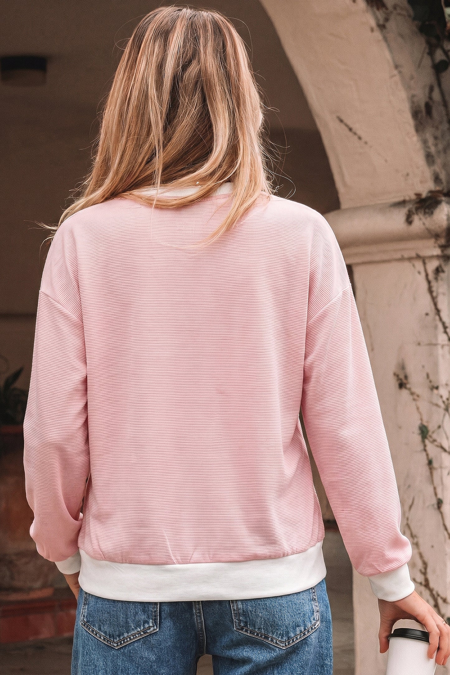 Pink Stripe Contrast Trim Long Sleeve Casual Knit Top