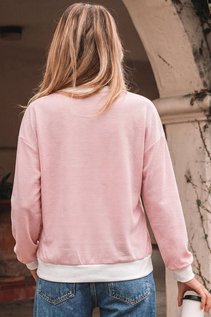 Pink Stripe Contrast Trim Long Sleeve Casual Knit Top