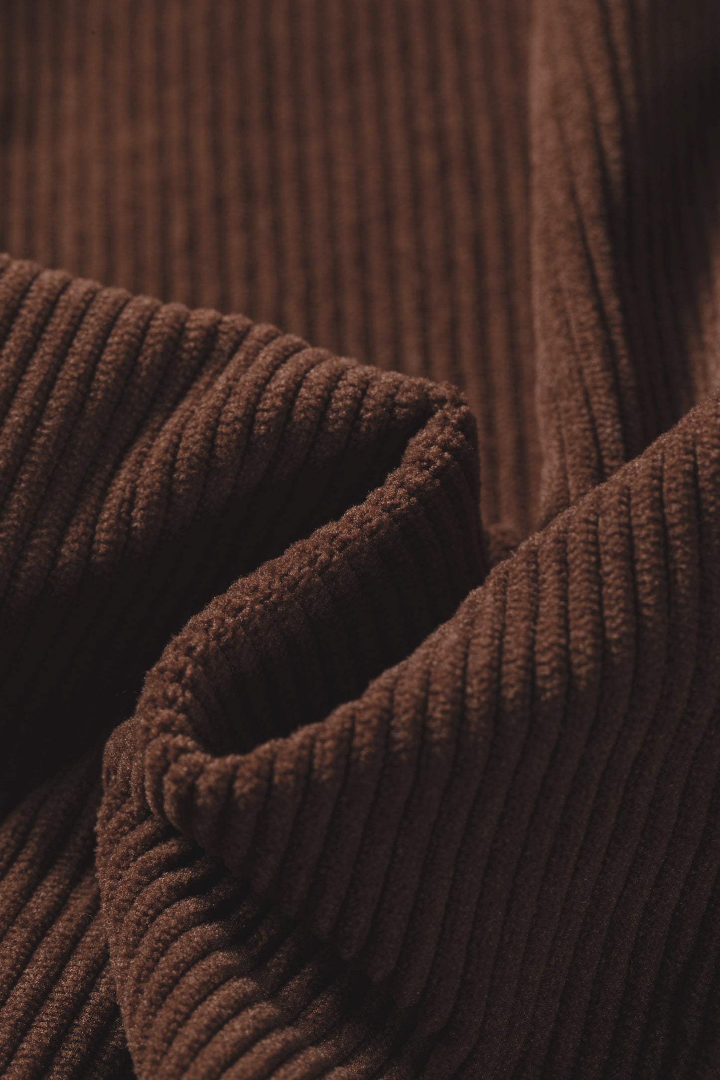 Coffee Corduroy Ruffle V Neck Button Shacket