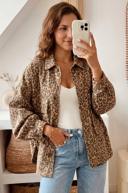 Leopard Print Denim Shacket Oversized Long Sleeve