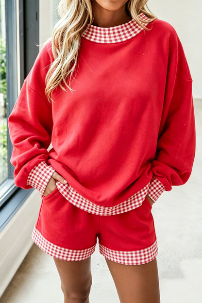 Red Gingham Trim Sweatshirt Shorts Two Piece Set
