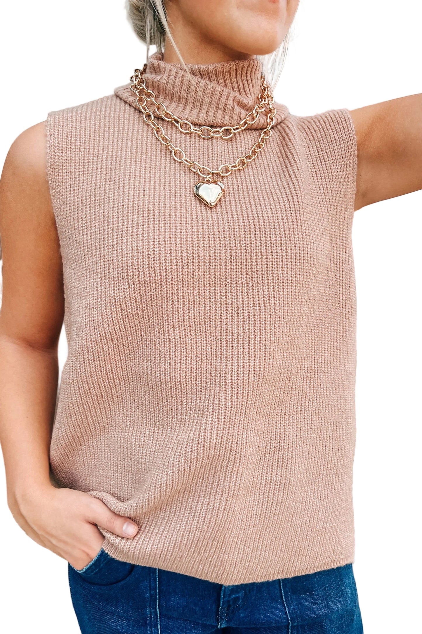 Beige Sleeveless Turtleneck Knit Sweater Vest Top