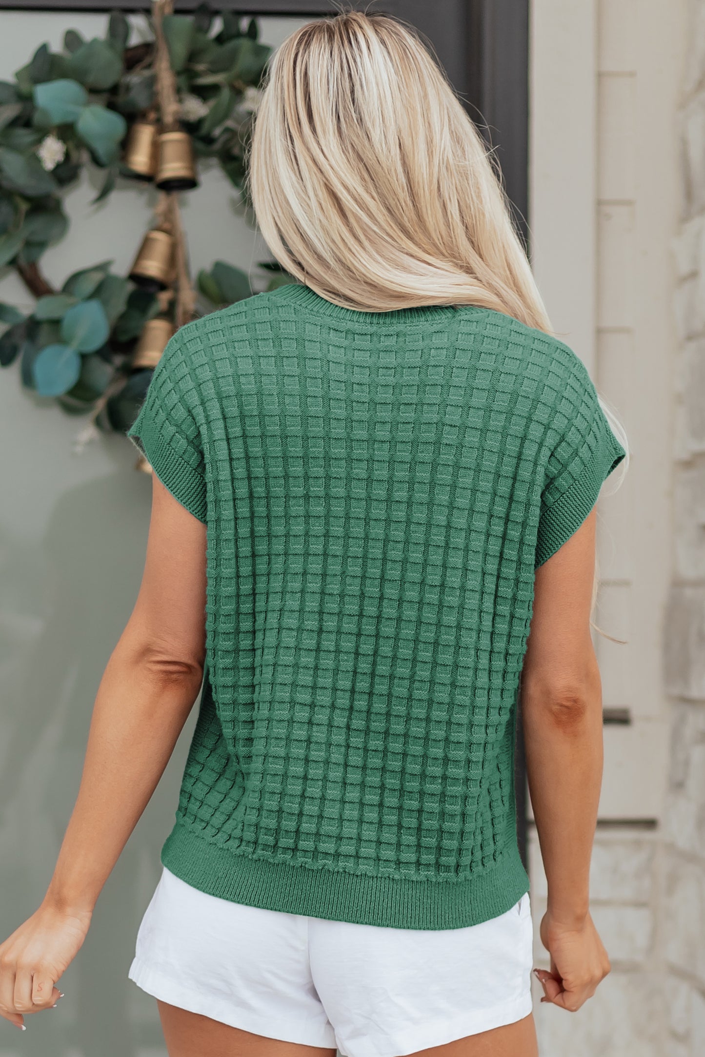 Mist Green Textured Knit Short Sleeve Sweater Top