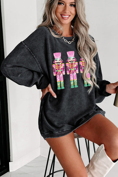 Black Sequin Christmas Corded Oversized Sweatshirt