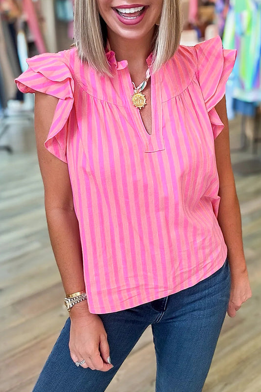 Pink Stripe Ruffle Sleeve Split Neck Summer Blouse