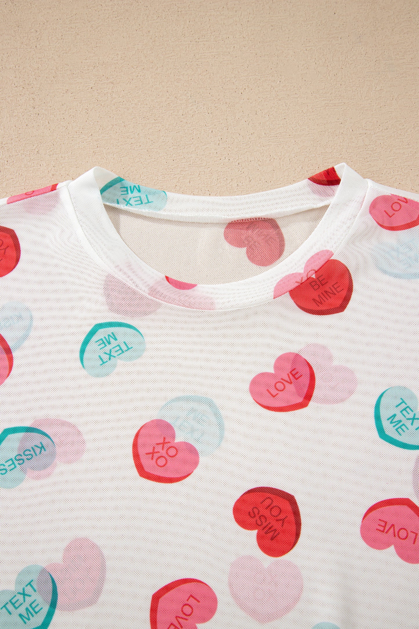 White Sheer Mesh Slogan Heart Printed Long Sleeve Top