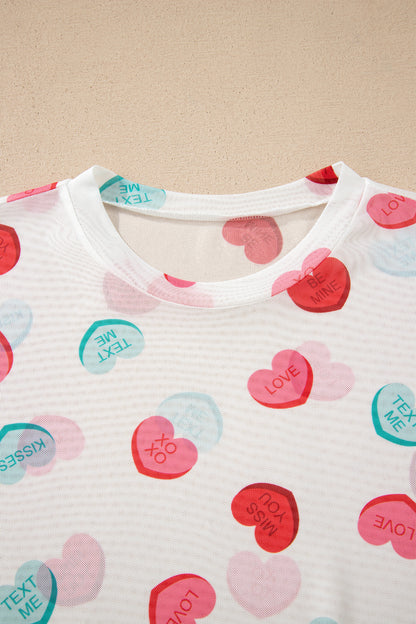 White Sheer Mesh Slogan Heart Printed Long Sleeve Top