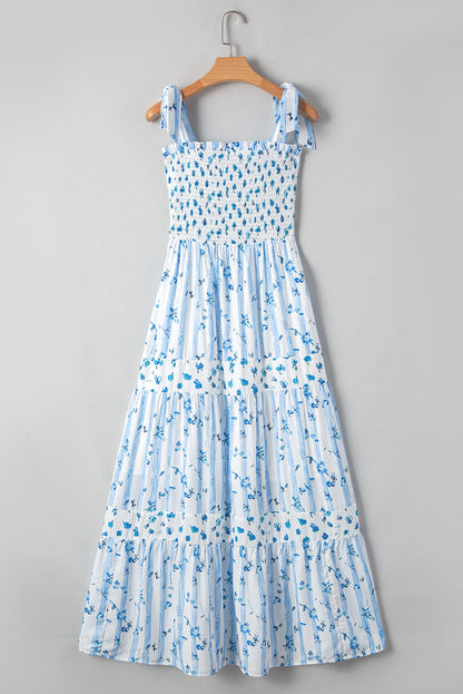 Sky Blue Floral Smocked Tiered Maxi Dress