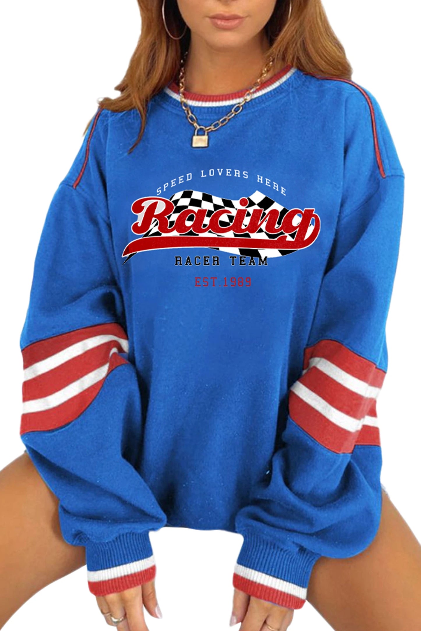 Sky Blue Racing Game Day Graphic Oversized Sweatshirt