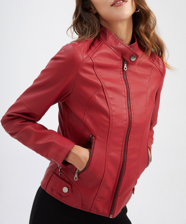 Womens Faux Leather Moto Jacket Zip Up Stand Collar