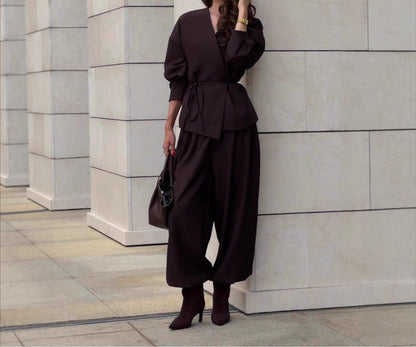 Women's Wrap Belted Wide Leg Pants Two Piece Set