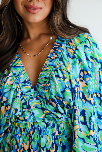 Green Abstract Print V Neck Puff Sleeve Smocked Romper