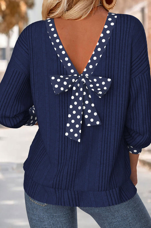 Polka Dot Trim V Neck Tie Ribbed Knit Top Women