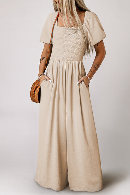 Smocked Wide Leg Jumpsuit Square Neck Boho Romper