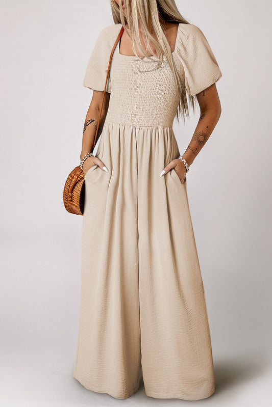 Smocked Wide Leg Jumpsuit Square Neck Boho Romper