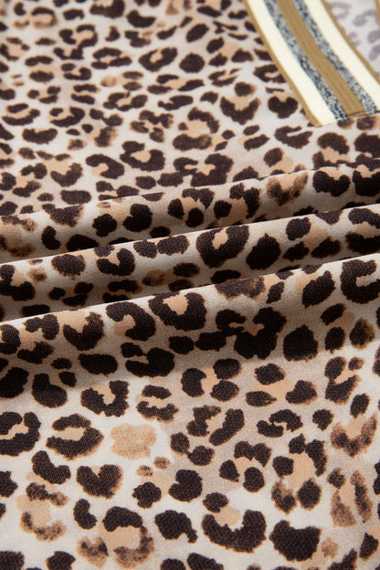 Leopard Print V Neck Contrast Trim Puff Sleeve Blouse