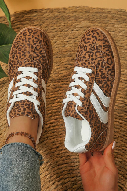 Leopard Print Shimmer Lace Up Sneakers PU Leather Shoes