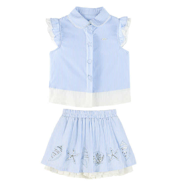 Girls Ruffle Sleeve Striped Blouse and Skirt Shorts