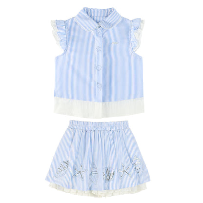 Girls Ruffle Sleeve Striped Blouse and Skirt Shorts
