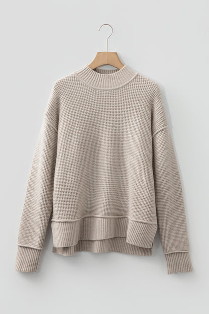 Waffle Knit High Neck Drop Shoulder Ribbed Sweater