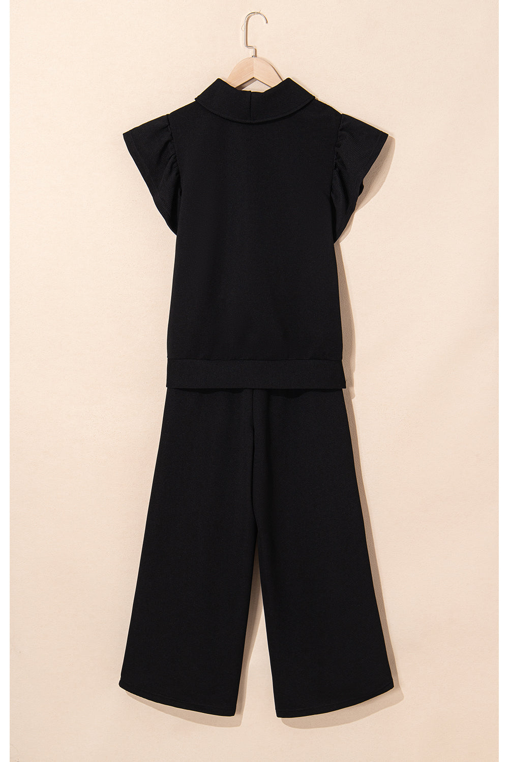 Textured Ruffle Sleeve Solid Color Two-Piece Set
