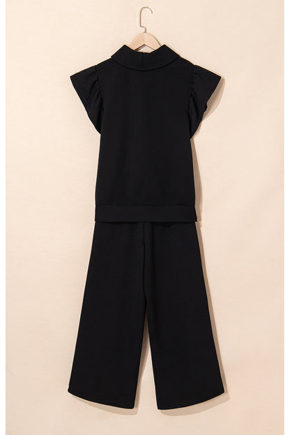 Textured Ruffle Sleeve Solid Color Two-Piece Set