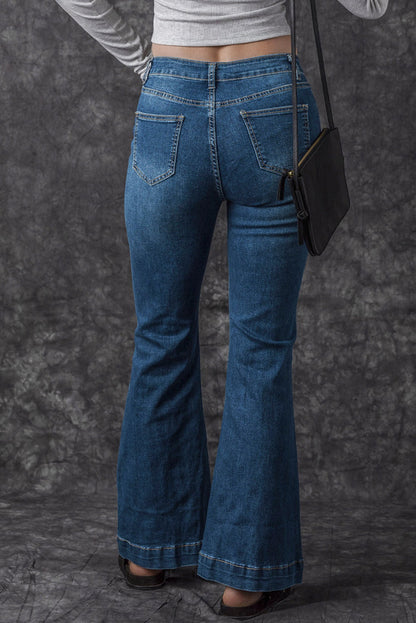 High Waist Flare Jeans with Contrast Seams & Pockets