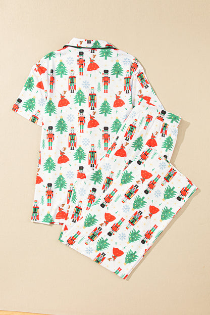 White Printed Christmas Pattern Buttoned Two Piece Sleepwear