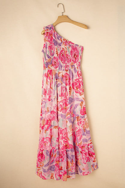 Pink Floral One Shoulder Smocked Tiered Maxi Dress