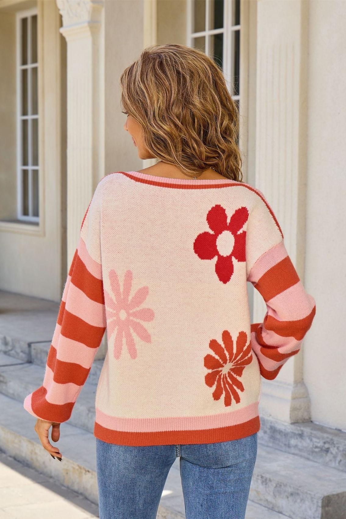 2025 Fall/Winter Plus Size Floral Stripe Crew Neck Sweater