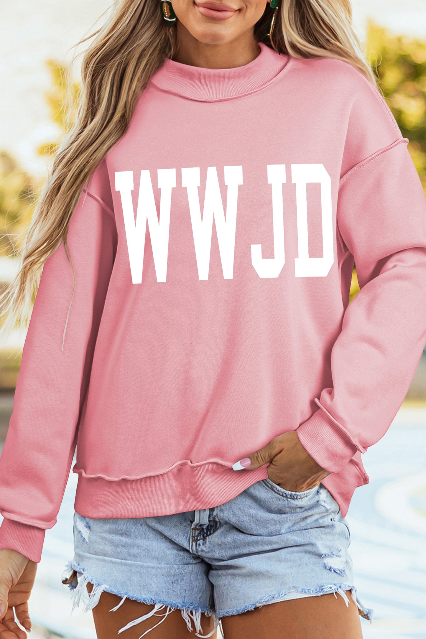 WWJD AMEN Graphic Mock Neck Oversized Sweatshirt