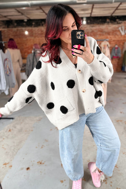 Polka Dot Oversized V Neck Knit Cardigan Sweater
