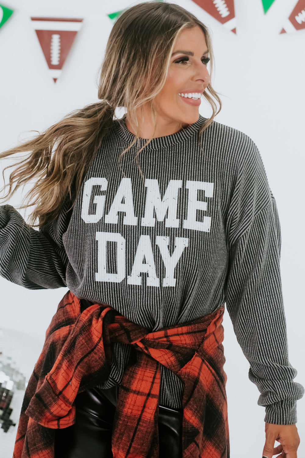 Dark Grey Corded Game Day Graphic Long Sleeve Top