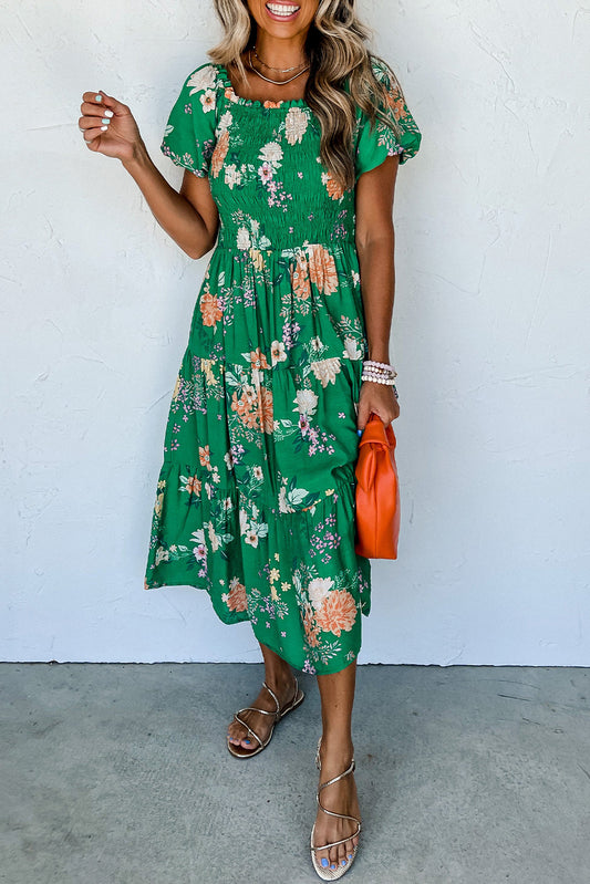 Green Floral Ruffle Sleeve Maxi Dress Summer Boho