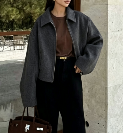 Women's Cropped Zip-Up Collared Jacket Vintage Casual