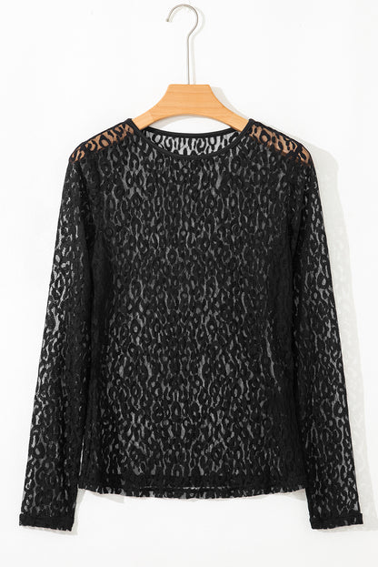 Leopard Mesh Long Sleeve Top Sheer Sexy Shirt Women