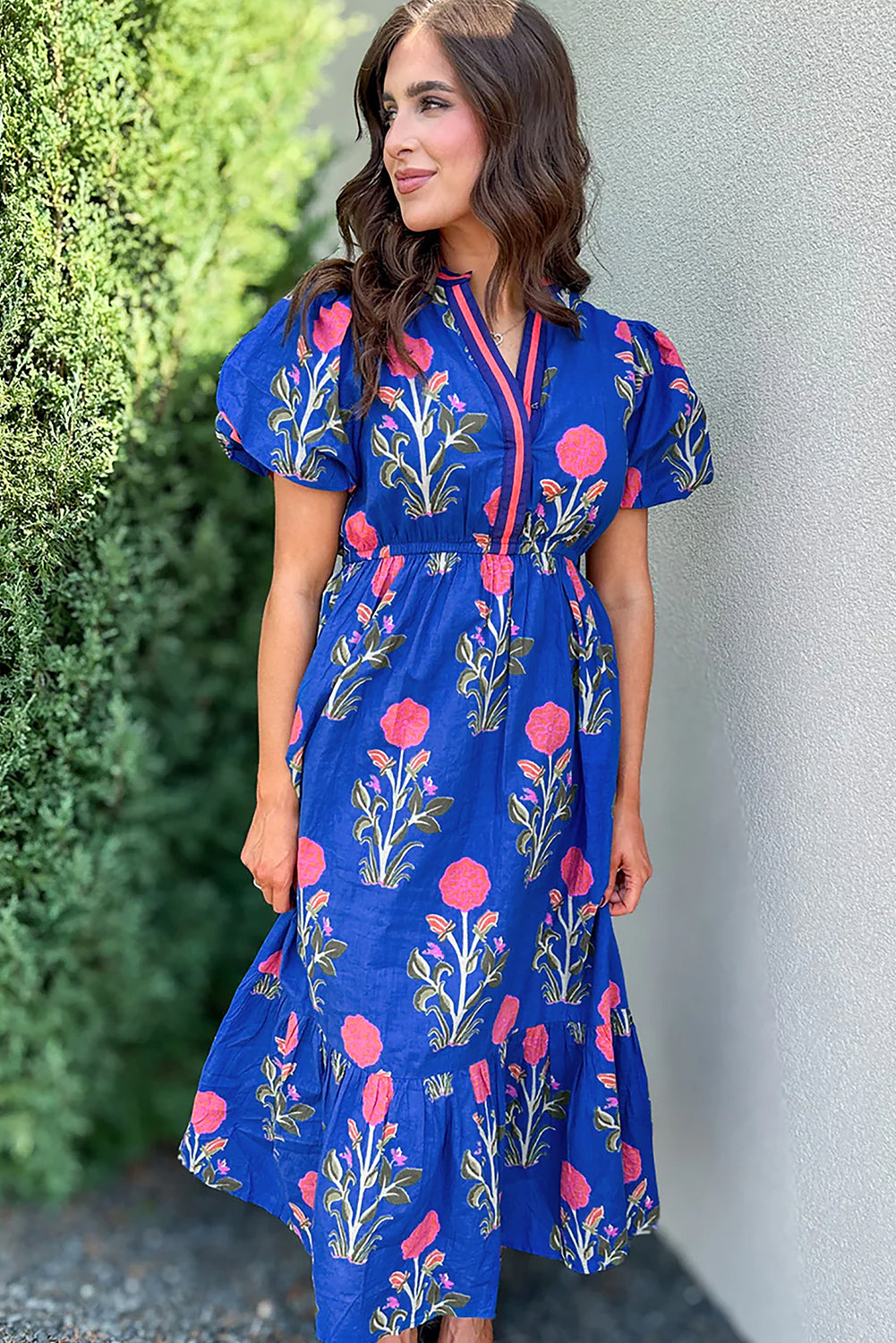 White Floral Contrast Trim V Neck Maxi Dress