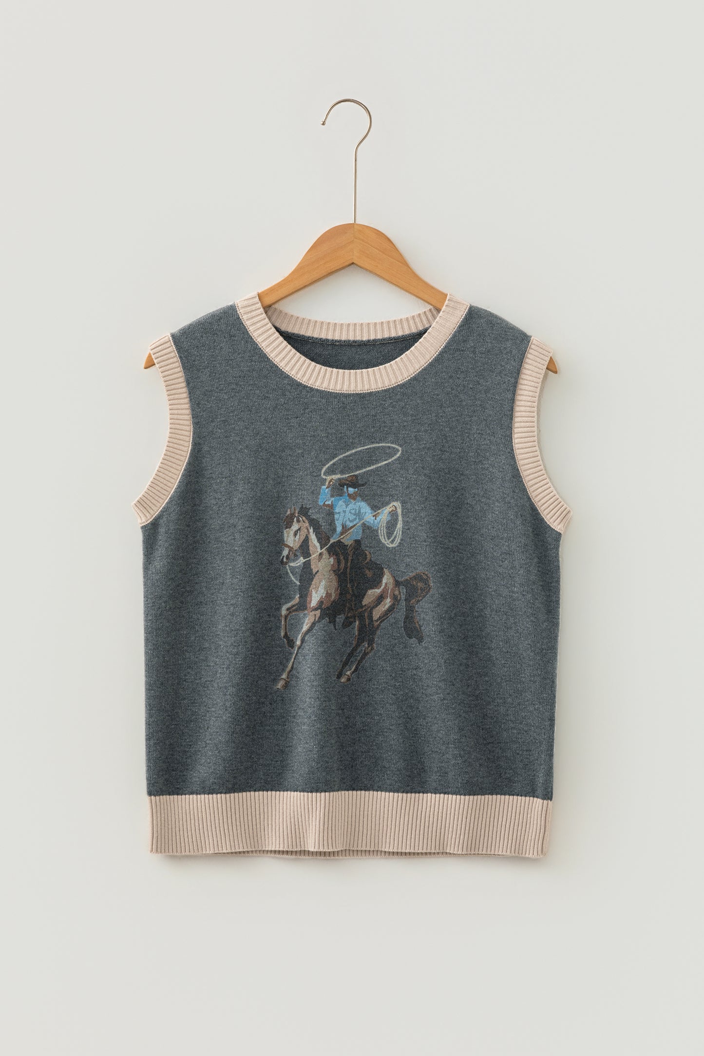 Khaki Western Cowboy Horse Print Knit Sweater Vest