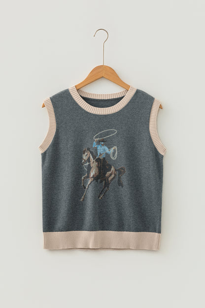 Khaki Western Cowboy Horse Print Knit Sweater Vest