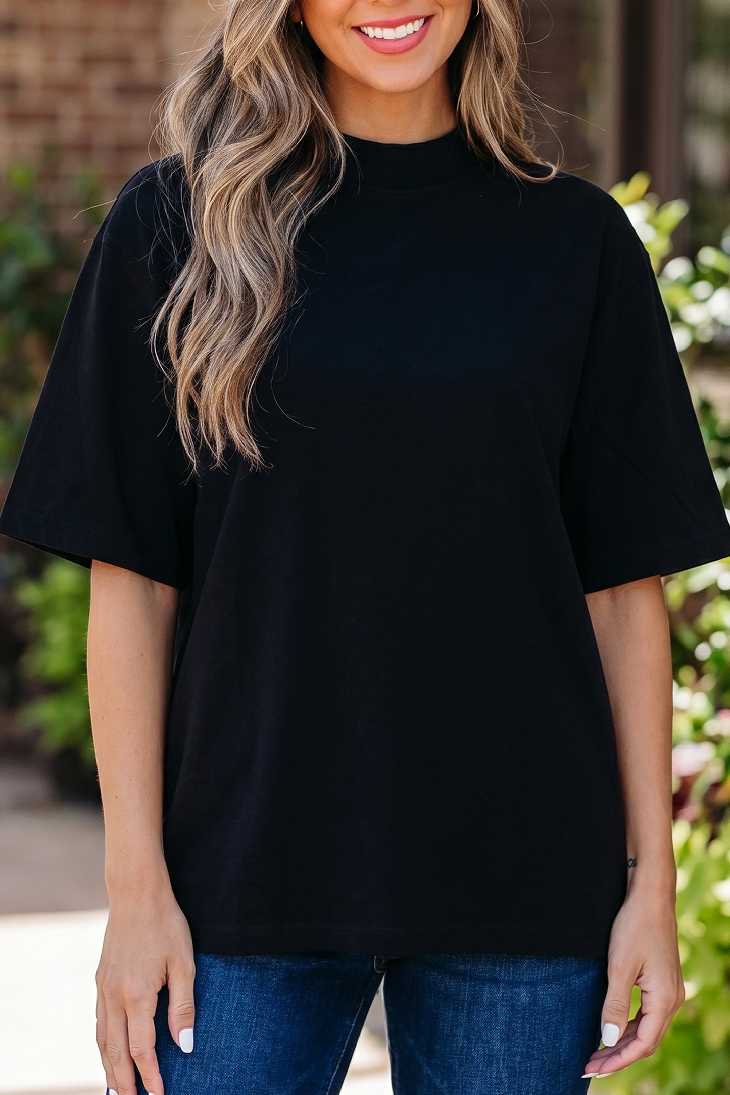 Dark Blue Oversized Mock Neck Tee Casual Relaxed Top