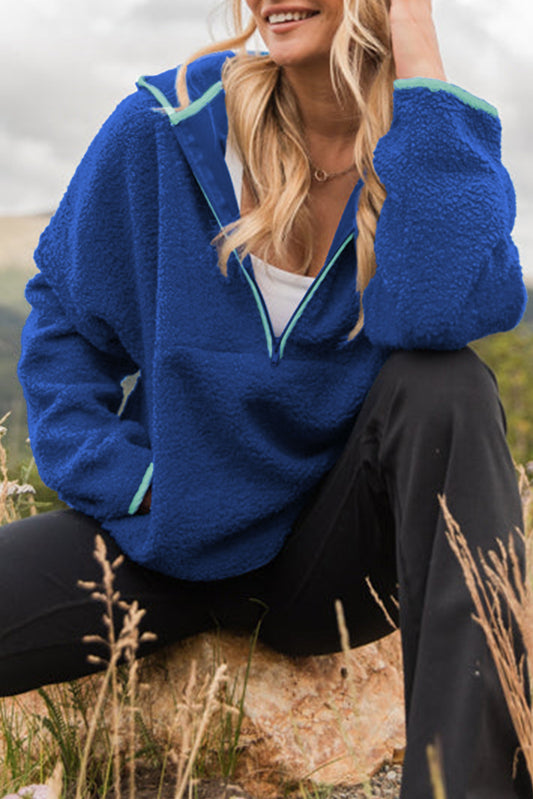 Cozy Sherpa Half Zip Pullover Hoodie with Contrast Trim