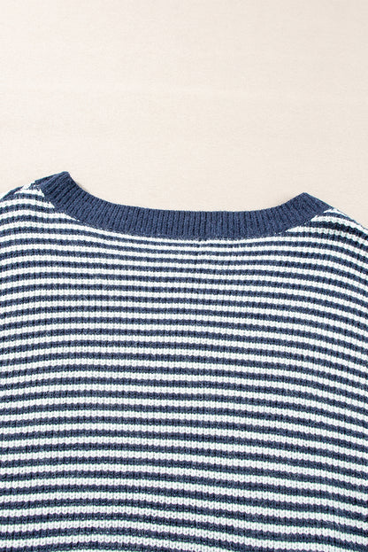 Sail Blue Striped Lantern Sleeve Drop Shoulder Cozy Sweater