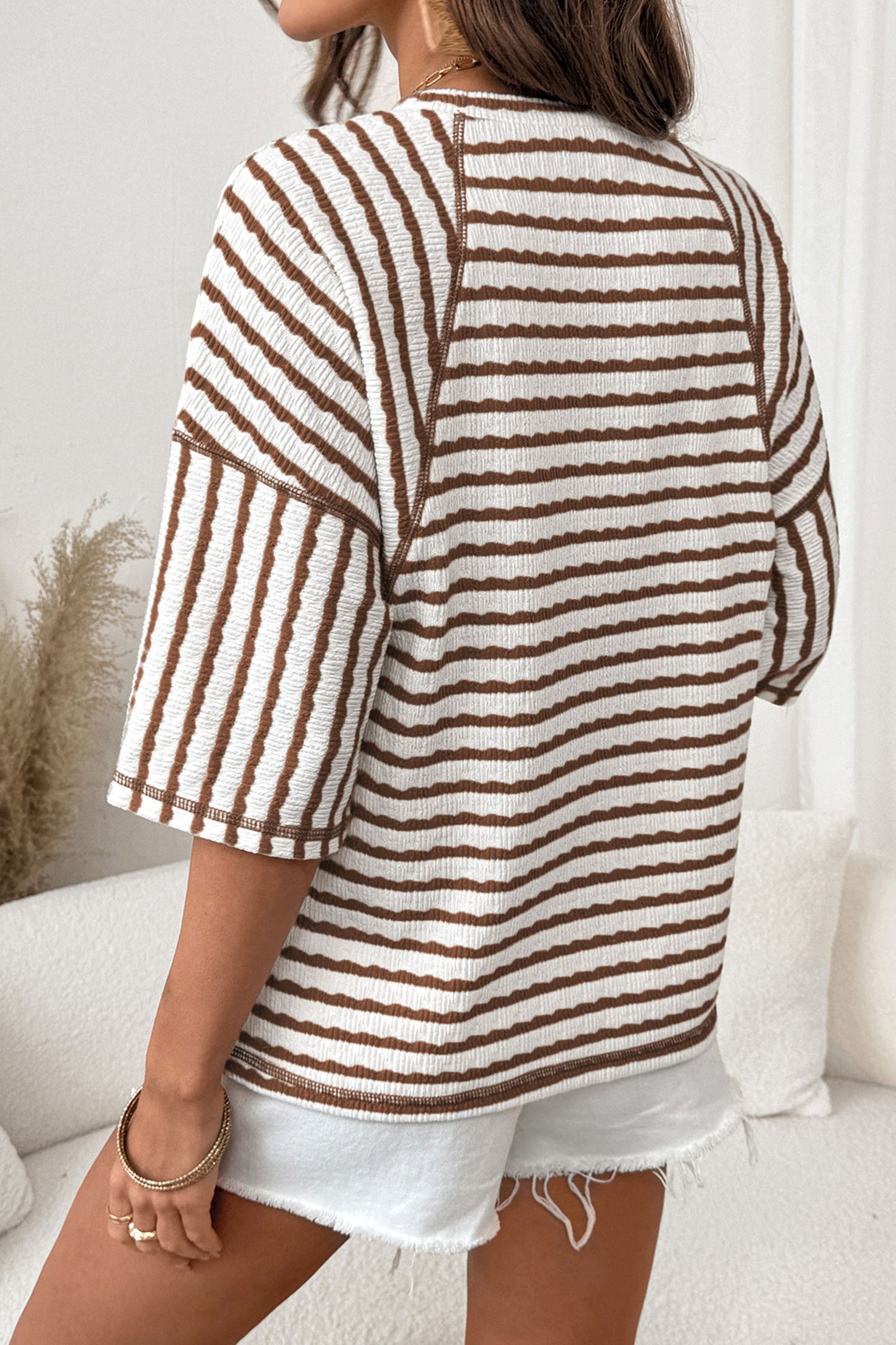 Apricot Stripe Textured Loose Fit Short Sleeve Top