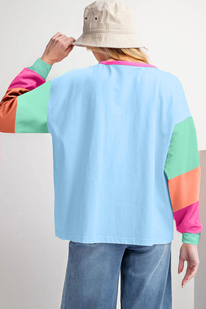 Green Colorblock Patchwork Long Sleeve Loose Top