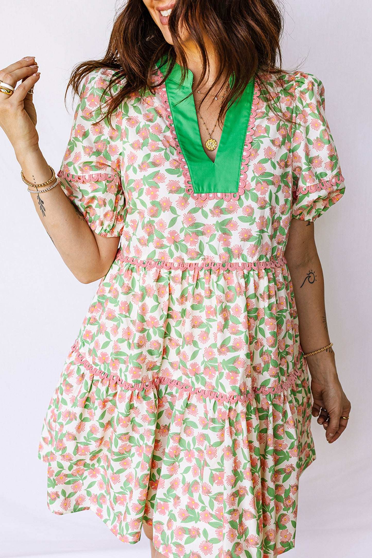 Easter Floral Ricrac Trim Puff Sleeve Dress