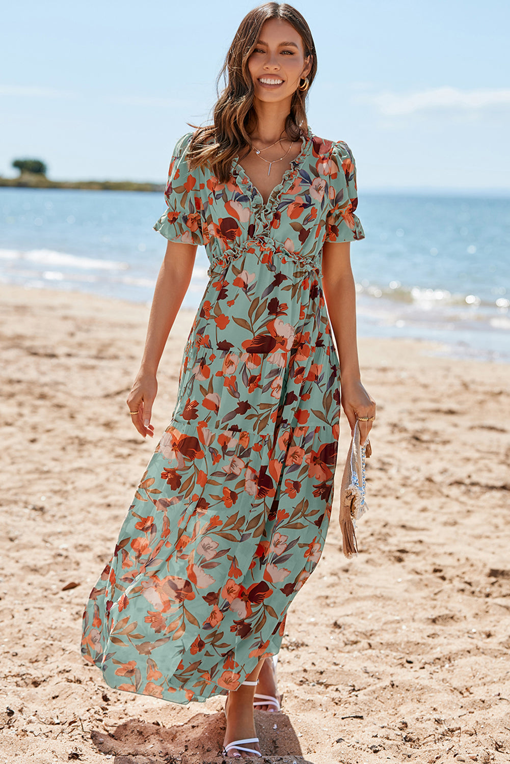 Sky Blue Floral V Neck Ruffle Short Sleeve Maxi Dress