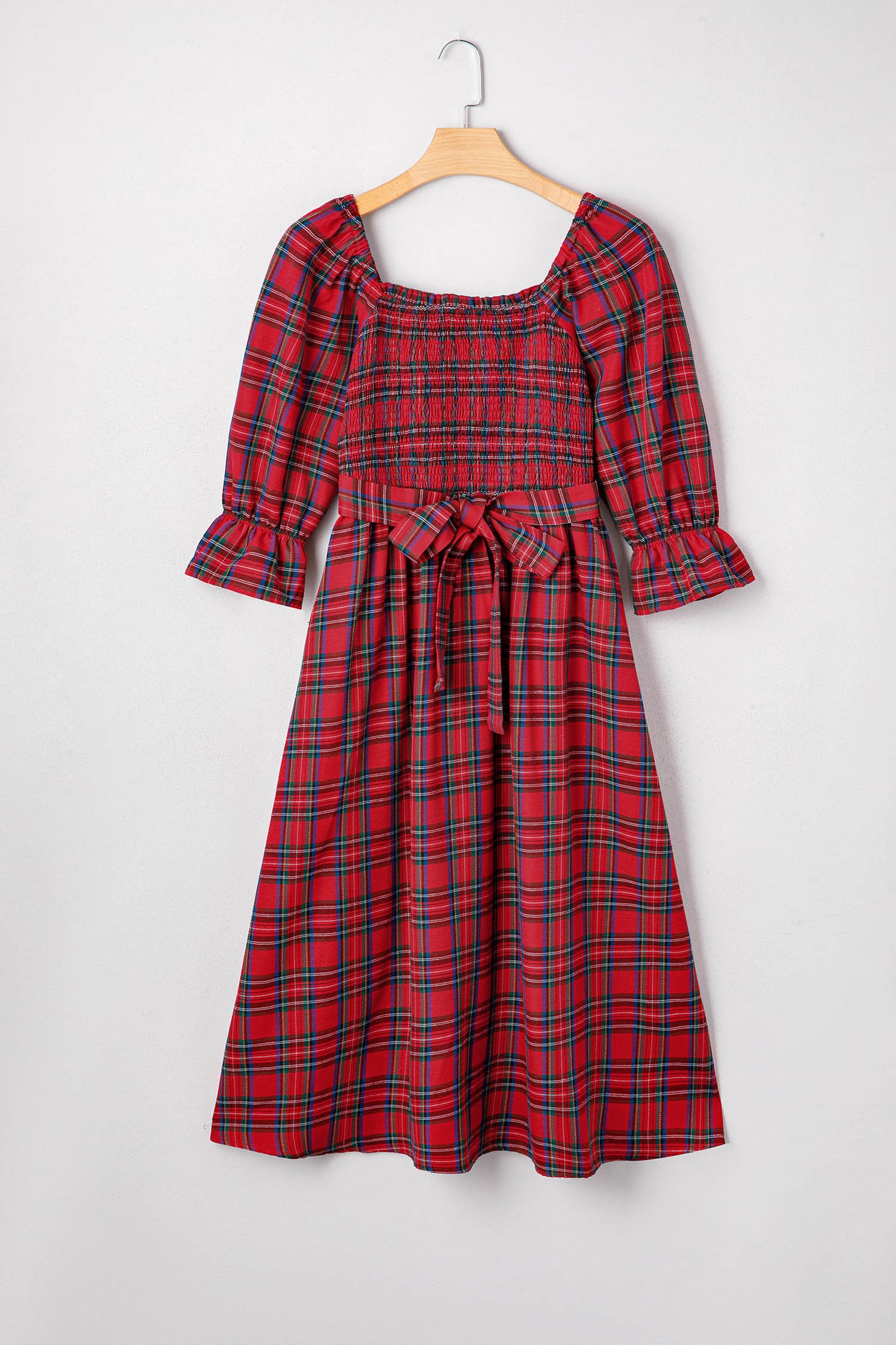 Red Tartan Plaid Puff Sleeve Smocked Waist Christmas Dress
