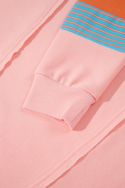 Pink Colorblock Striped Patchwork Long Sleeve Round Neck Top